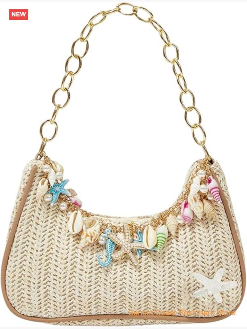 Straw Beach Purse Seashell Beaded Shoulder Handbag Summer Vacation Tote